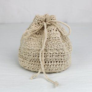 Cream Crocheted Drawstring Pouch Bag